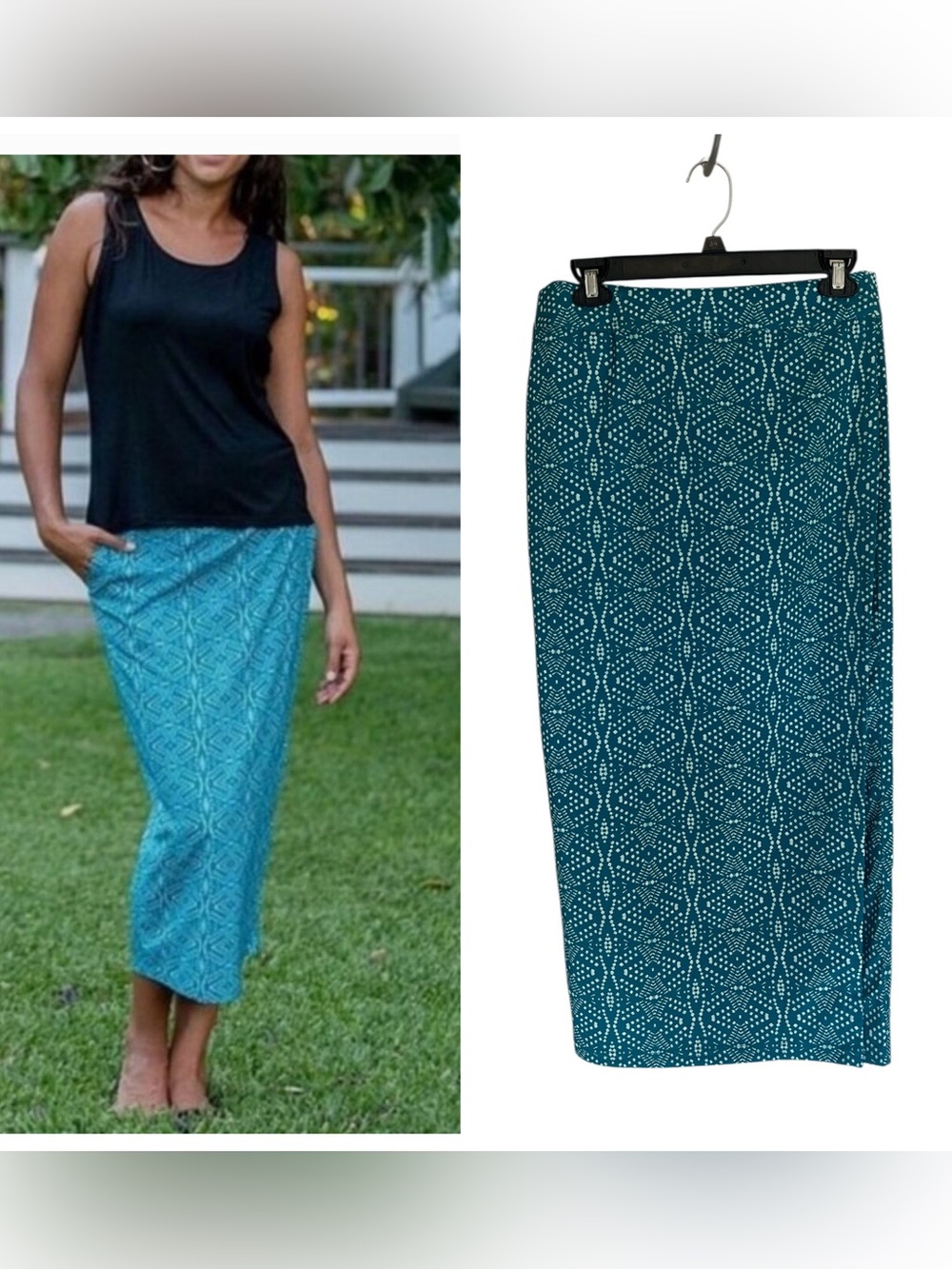 Ripskirt Hawaii teal geometric print wrap maxi skirt length 4 playa ocean sz S
